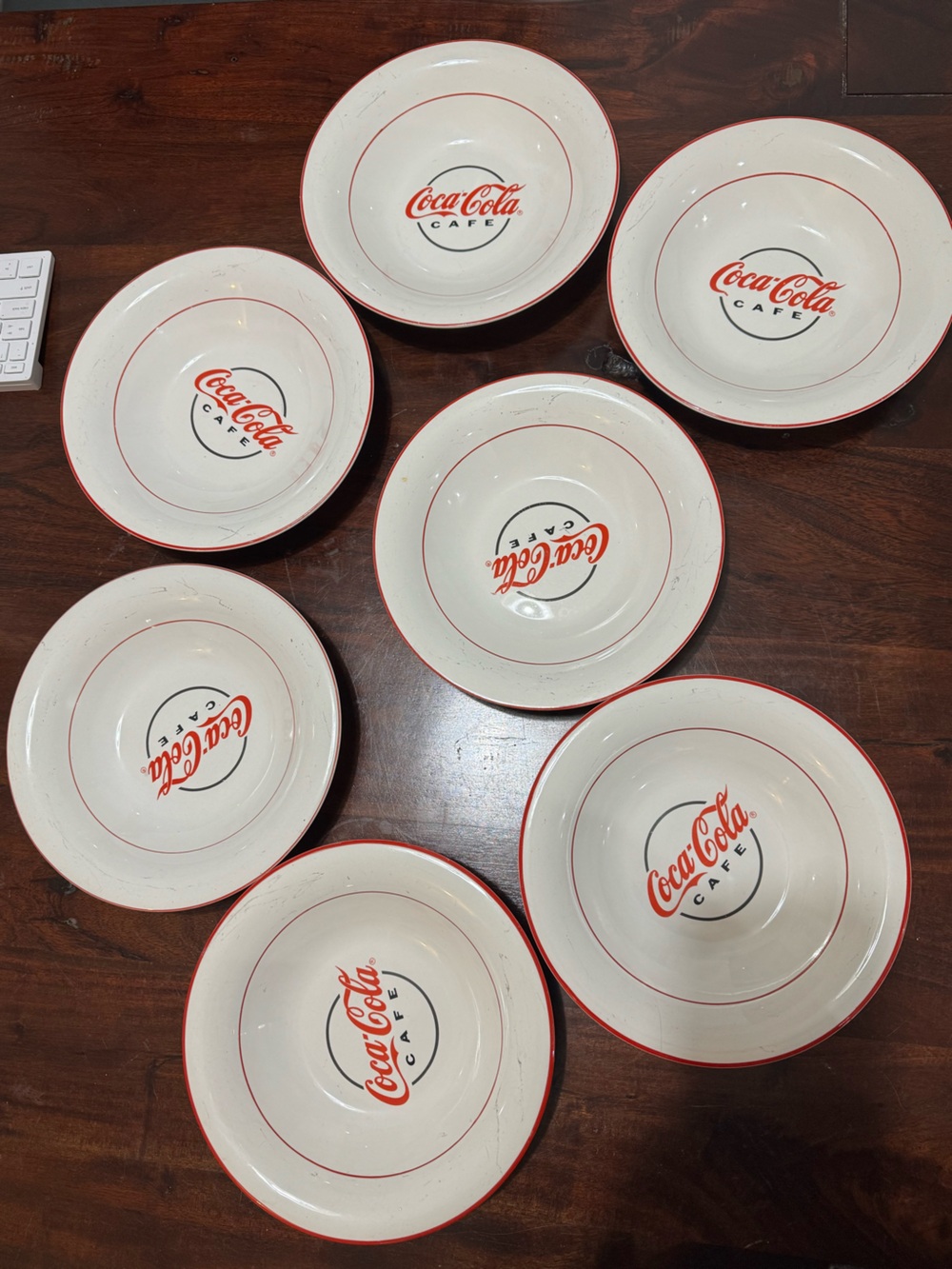 Coca Cola Red and White Cafe Ceramic Soup or Pasta Bowls - Set of 7 Vintage Y2K